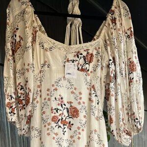 NWT Free People Eyelet Maxi Dress Floral Print IVORY Ruffled Bottom Size Small